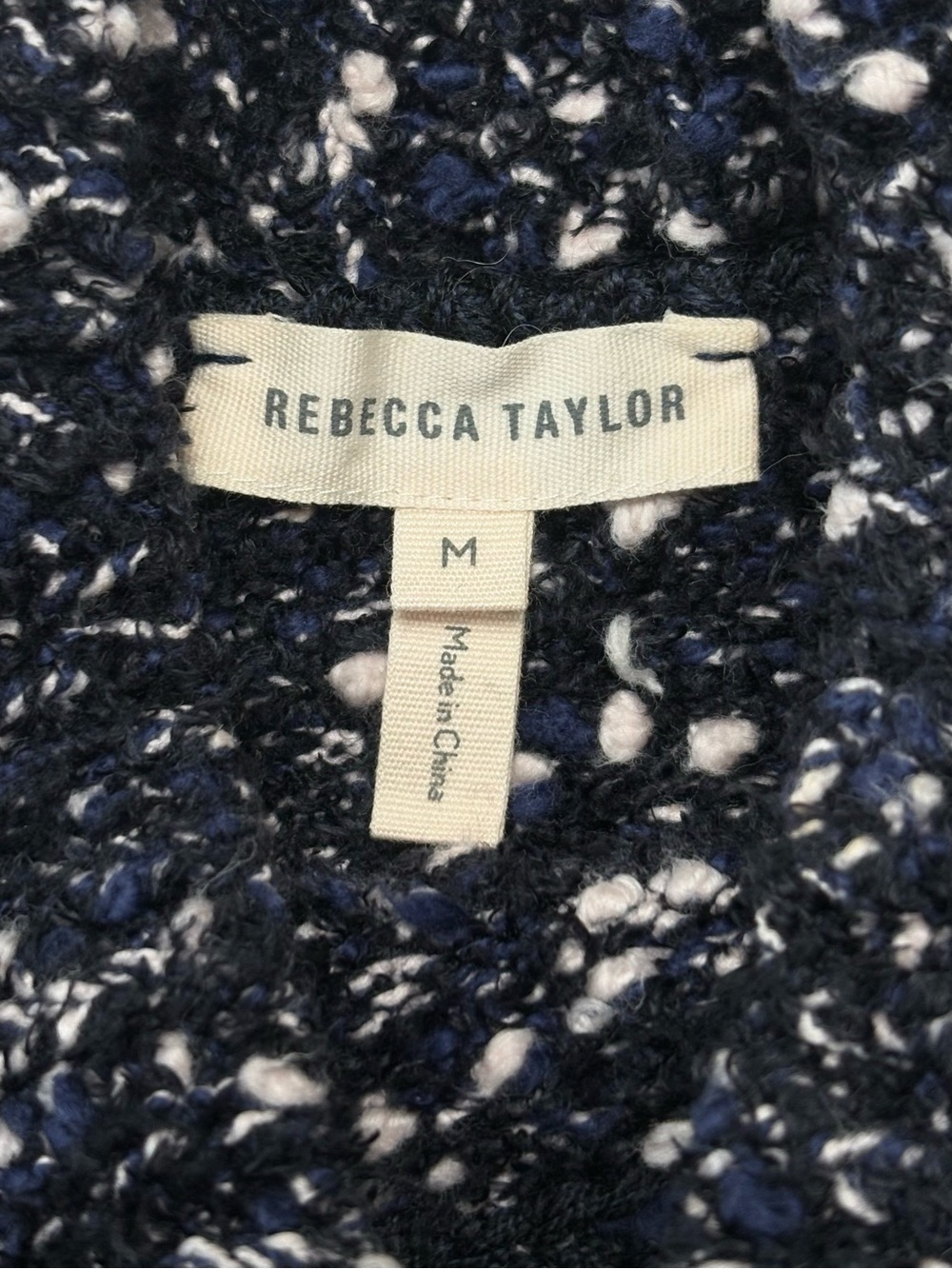 Rebecca Taylor Boucle Cold-Shoulder Mock-Neck Sweater Navy Black White M - Picture 12 of 14